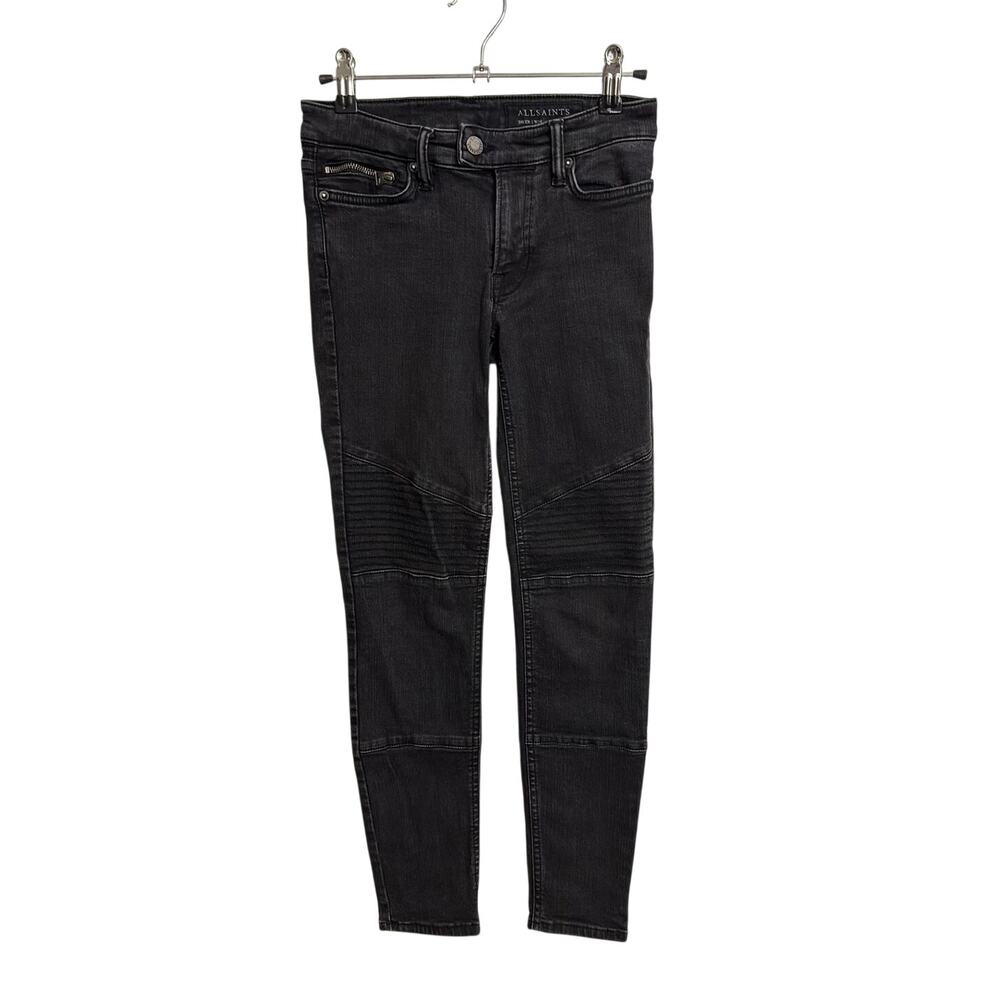 ALLSAINTS Jeans Womens 24 Black Biker Skinny Ribbed Knee Zip Pockets Moto